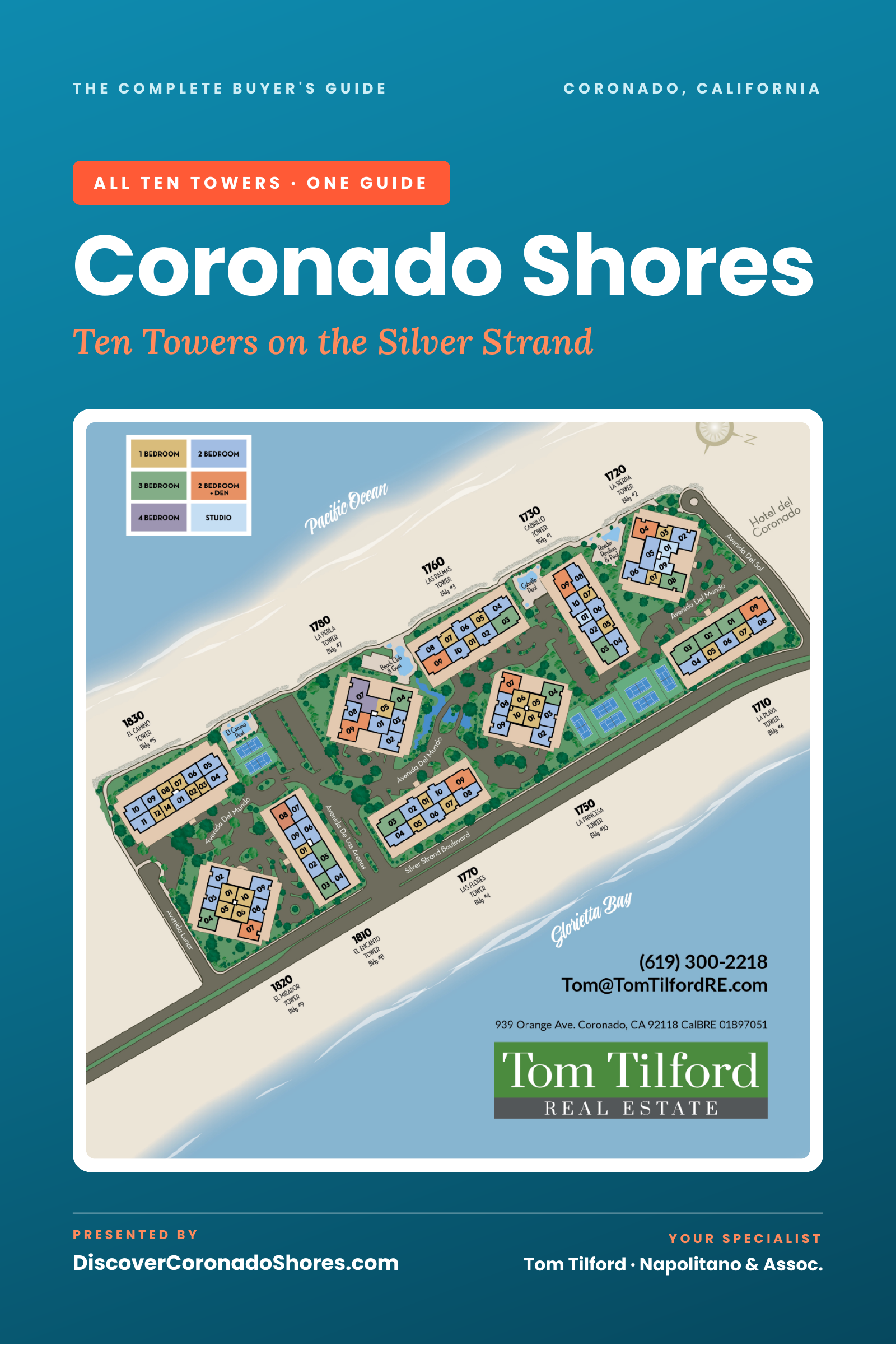 The Complete Coronado Shores Buyer's Guide cover featuring an illustrated map of all ten towers along the Silver Strand